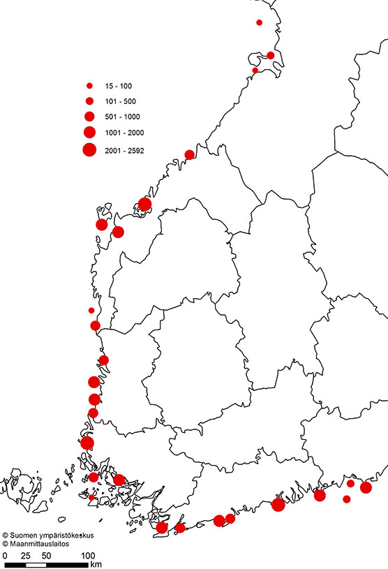 Merimetsojen alueelliset pesämäärät (kpl) vuonna 2018